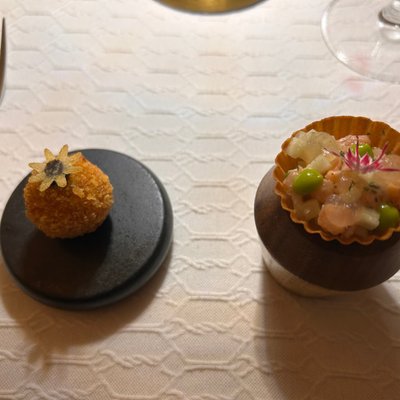 Hai món khai vị nhỏ gồm viên chiên giòn và tartare cá tại Villa Des Fleurs